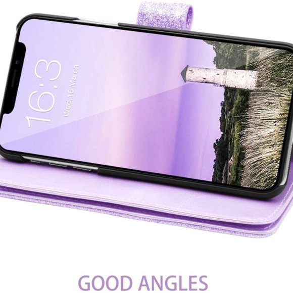 PHONE 11 6.1" GILTTER PURPLE FLIP WALLET WRIST STRAP CARD HOLDER - Picture 4 of 16
